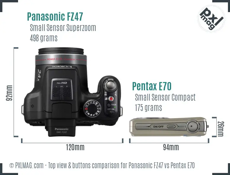Panasonic FZ47 vs Pentax E70 top view buttons comparison