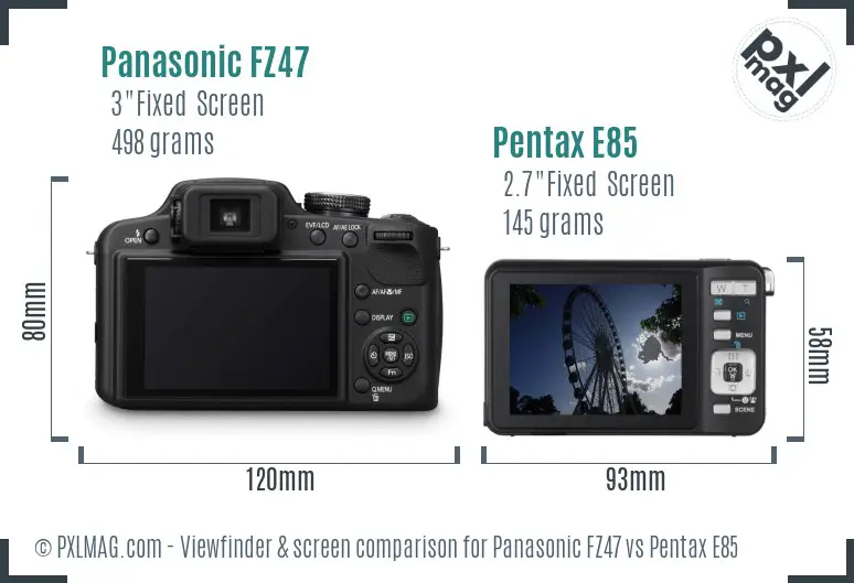 Panasonic FZ47 vs Pentax E85 Screen and Viewfinder comparison