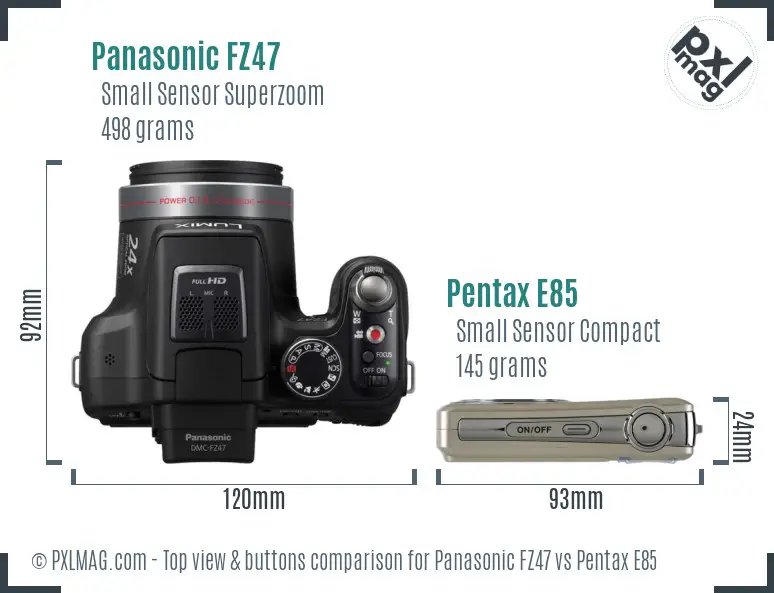 Panasonic FZ47 vs Pentax E85 top view buttons comparison