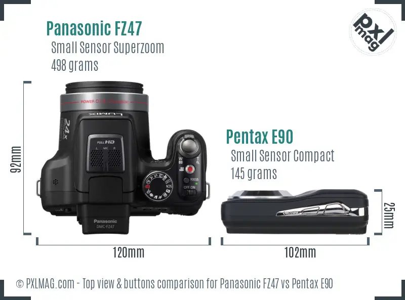 Panasonic FZ47 vs Pentax E90 top view buttons comparison
