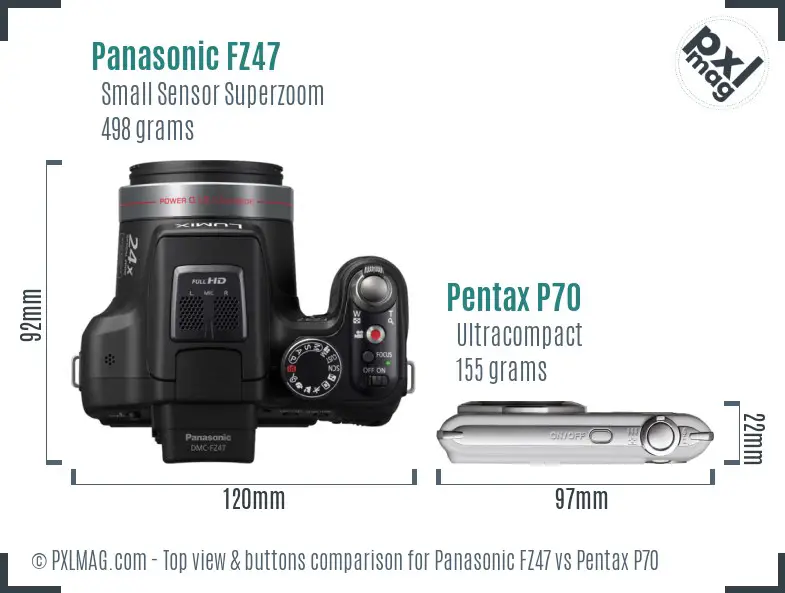 Panasonic FZ47 vs Pentax P70 top view buttons comparison