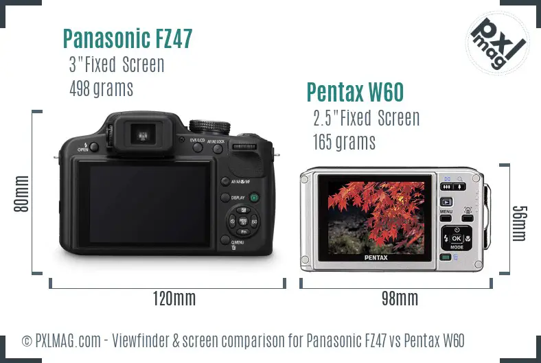 Panasonic FZ47 vs Pentax W60 Screen and Viewfinder comparison