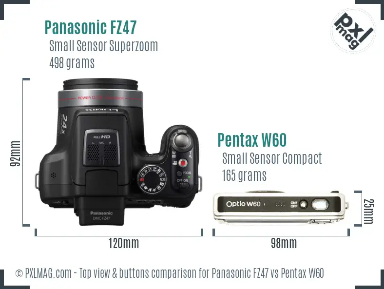 Panasonic FZ47 vs Pentax W60 top view buttons comparison