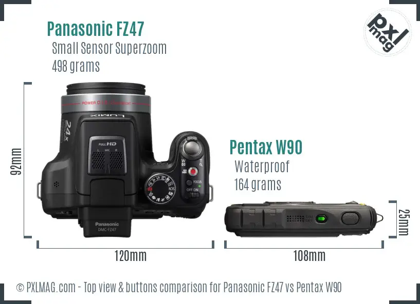 Panasonic FZ47 vs Pentax W90 top view buttons comparison