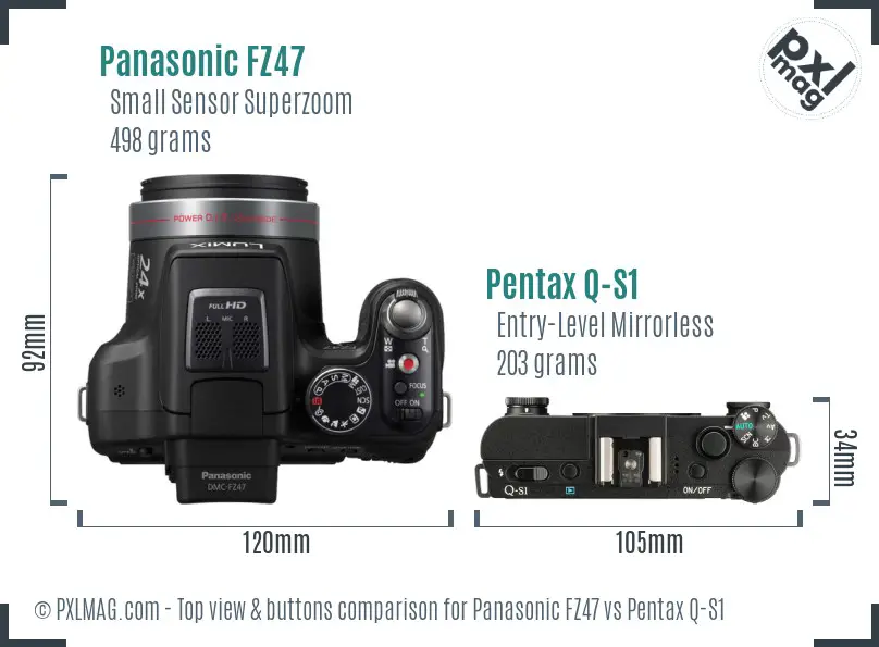 Panasonic FZ47 vs Pentax Q-S1 top view buttons comparison