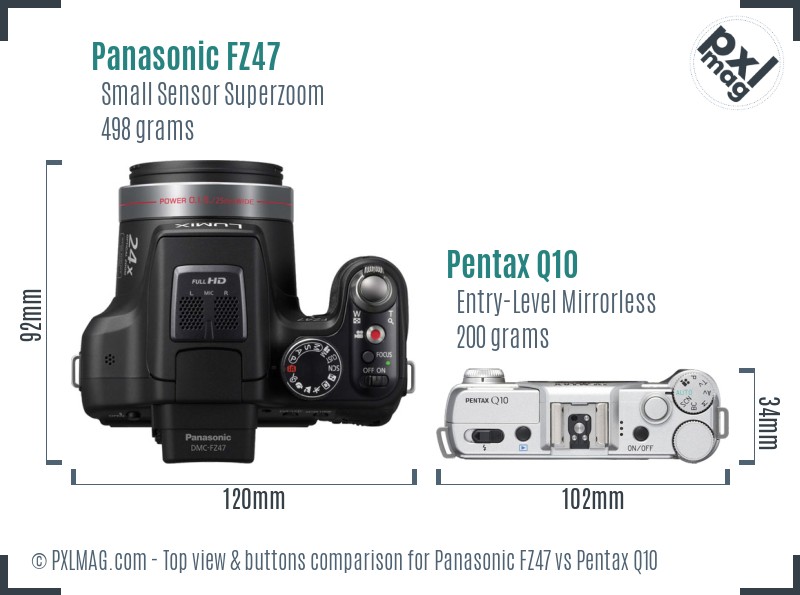 Panasonic FZ47 vs Pentax Q10 top view buttons comparison