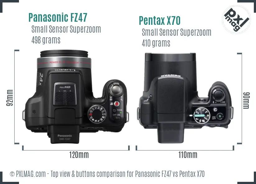 Panasonic FZ47 vs Pentax X70 top view buttons comparison