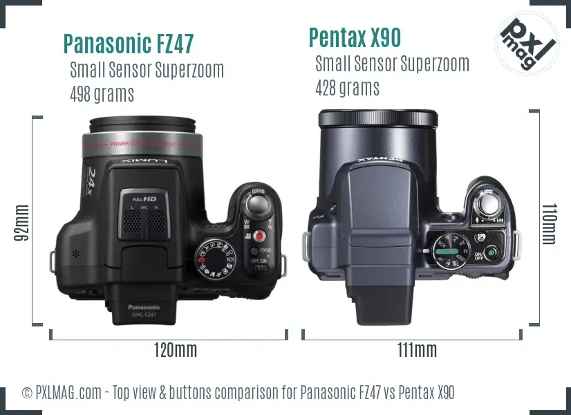 Panasonic FZ47 vs Pentax X90 top view buttons comparison