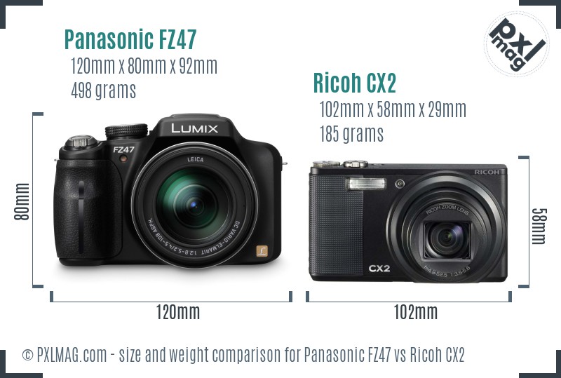 Panasonic FZ47 vs Ricoh CX2 size comparison