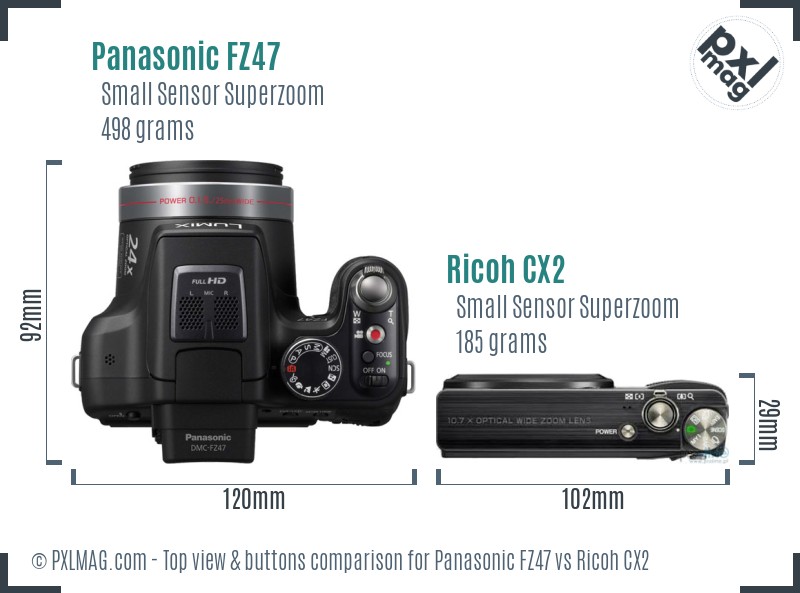 Panasonic FZ47 vs Ricoh CX2 top view buttons comparison