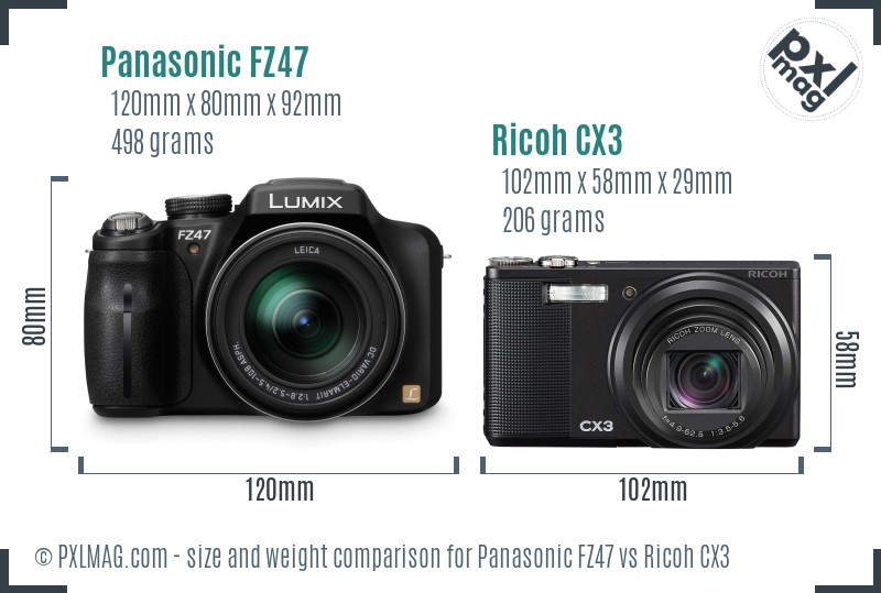 Panasonic FZ47 vs Ricoh CX3 size comparison