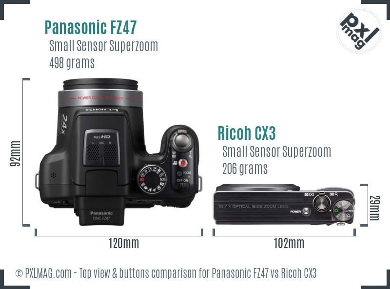 Panasonic FZ47 vs Ricoh CX3 top view buttons comparison
