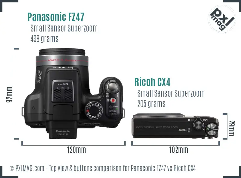 Panasonic FZ47 vs Ricoh CX4 top view buttons comparison