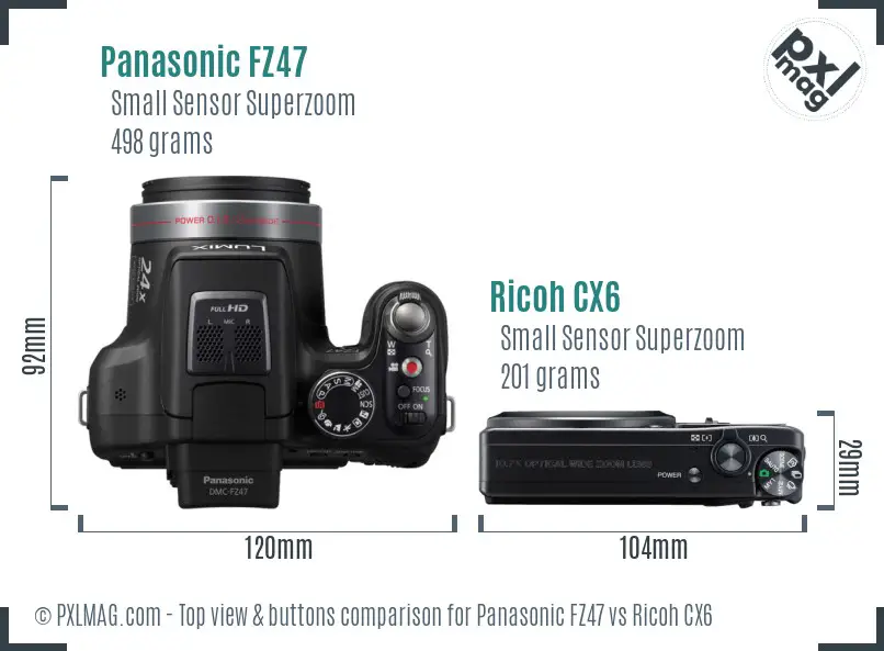 Panasonic FZ47 vs Ricoh CX6 top view buttons comparison