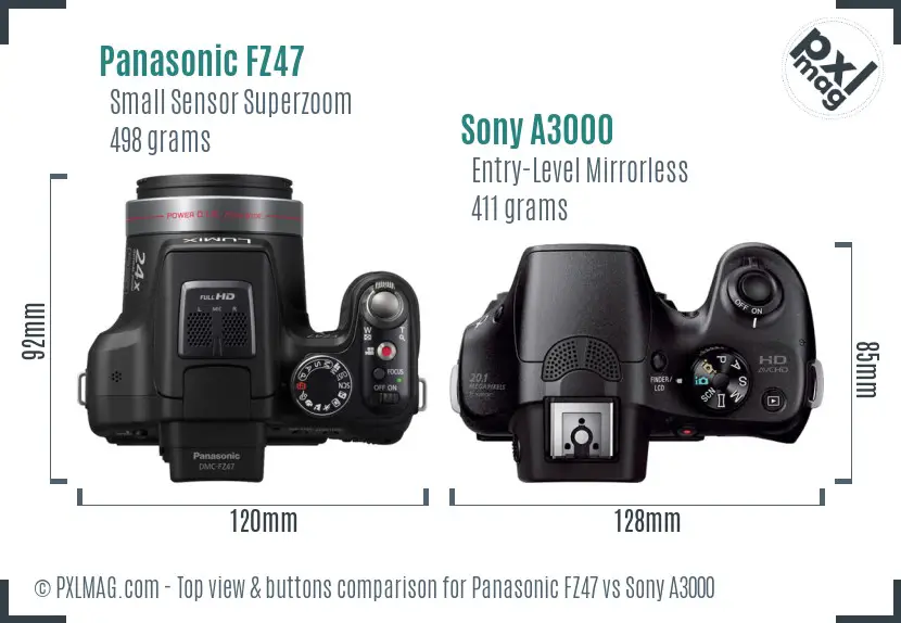 Panasonic FZ47 vs Sony A3000 top view buttons comparison