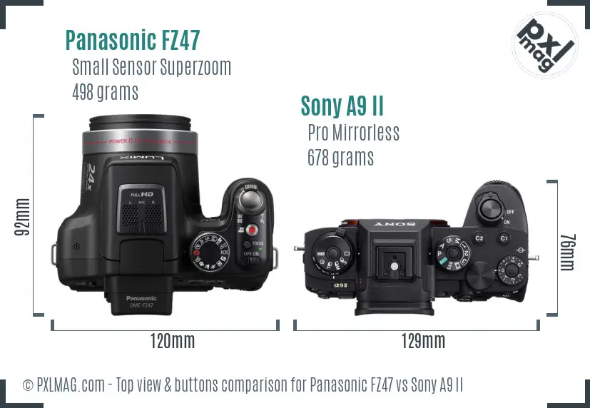 Panasonic FZ47 vs Sony A9 II top view buttons comparison
