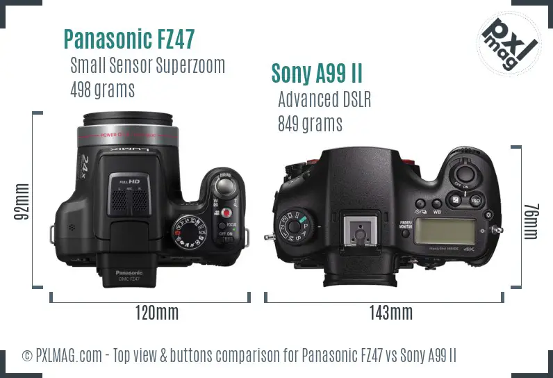 Panasonic FZ47 vs Sony A99 II top view buttons comparison Panasonic FZ47 vs Sony A99 II top view buttons comparison