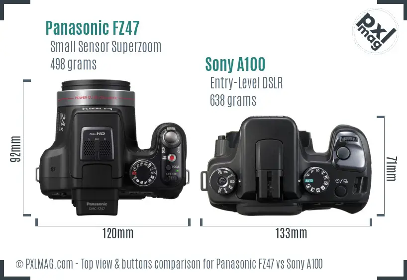 Panasonic FZ47 vs Sony A100 top view buttons comparison Panasonic FZ47 vs Sony A100 top view buttons comparison