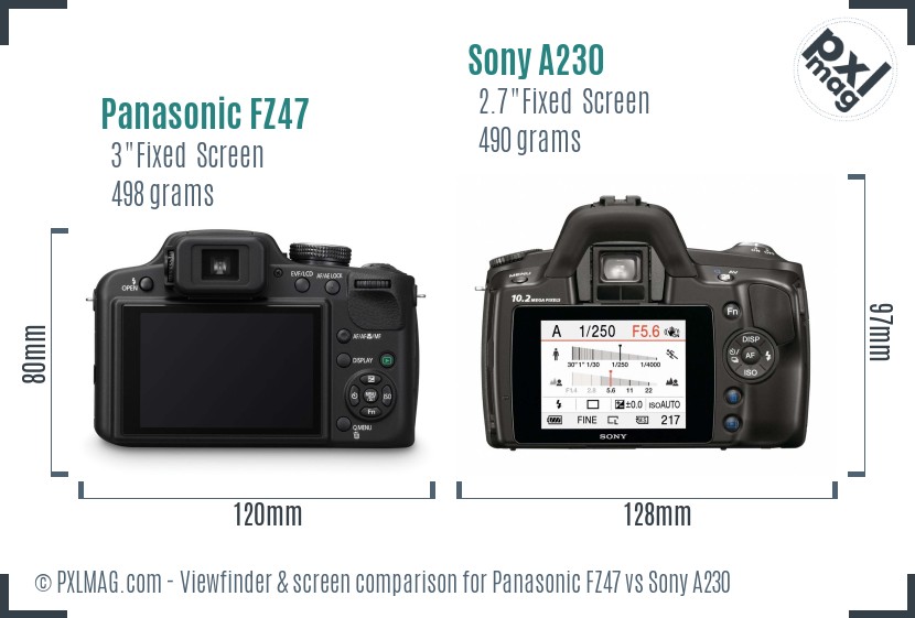 Panasonic FZ47 vs Sony A230 Screen and Viewfinder comparison