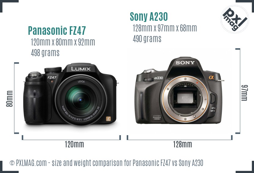 Panasonic FZ47 vs Sony A230 size comparison