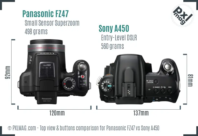 Panasonic FZ47 vs Sony A450 top view buttons comparison