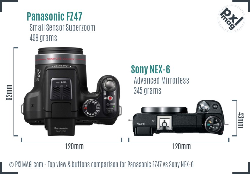 Panasonic FZ47 vs Sony NEX-6 top view buttons comparison