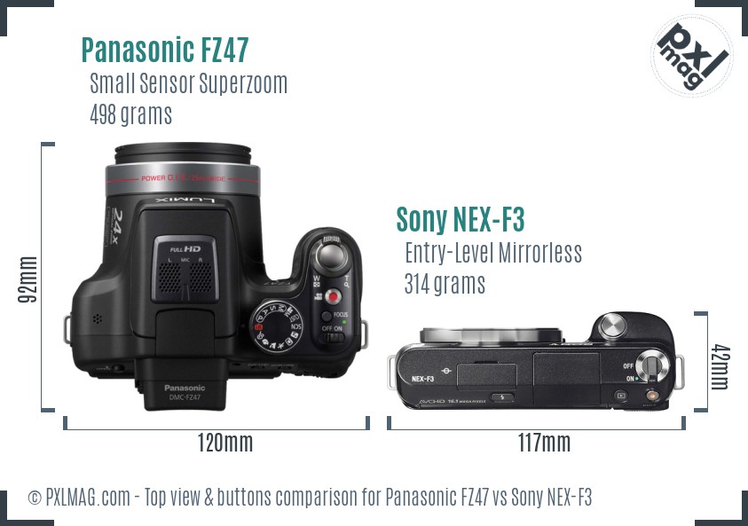 Panasonic FZ47 vs Sony NEX-F3 top view buttons comparison