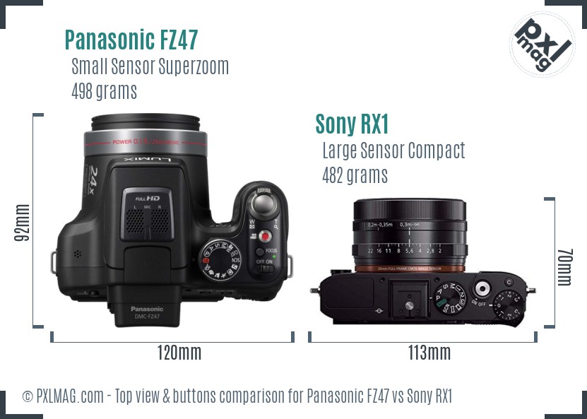 Panasonic FZ47 vs Sony RX1 top view buttons comparison