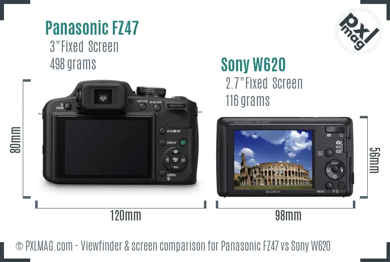 Panasonic FZ47 vs Sony W620 Screen and Viewfinder comparison