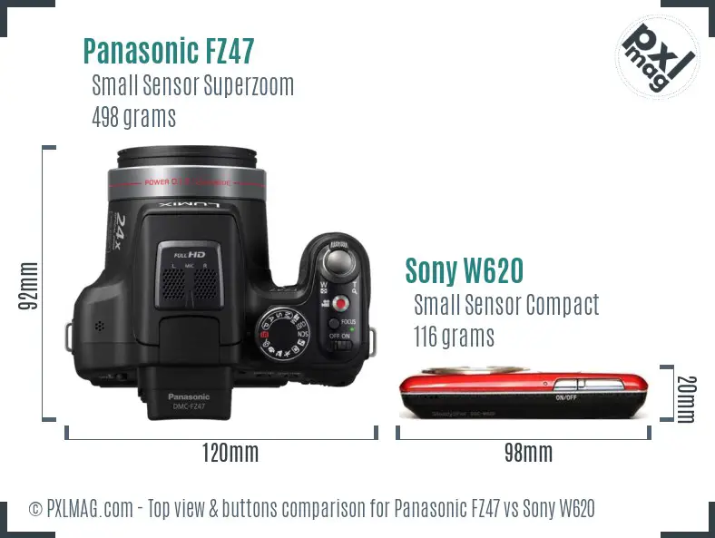 Panasonic FZ47 vs Sony W620 top view buttons comparison