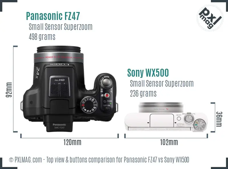Panasonic FZ47 vs Sony WX500 top view buttons comparison Panasonic FZ47 vs Sony WX500 top view buttons comparison