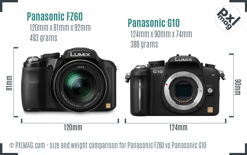 Panasonic FZ60 vs Panasonic G10 size comparison