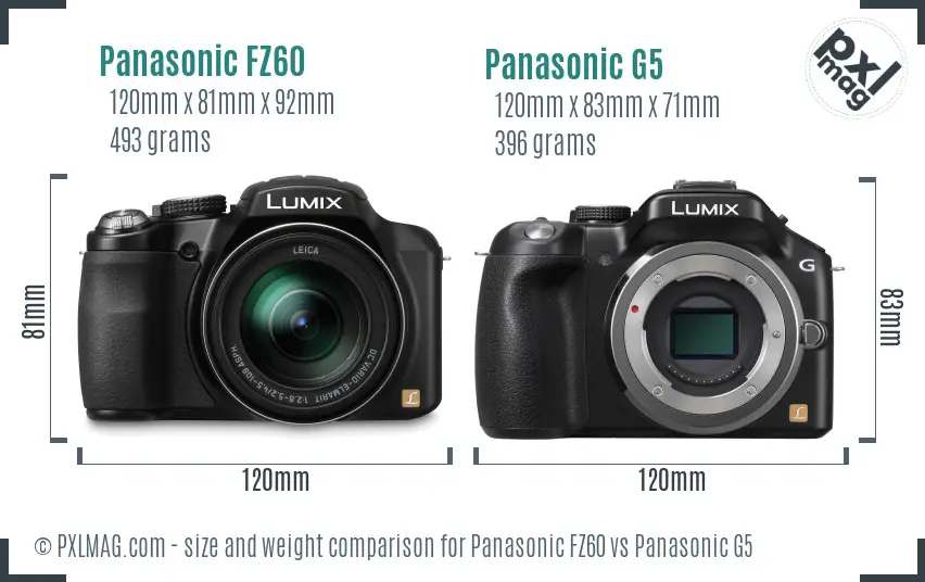 Panasonic FZ60 vs Panasonic G5 size comparison