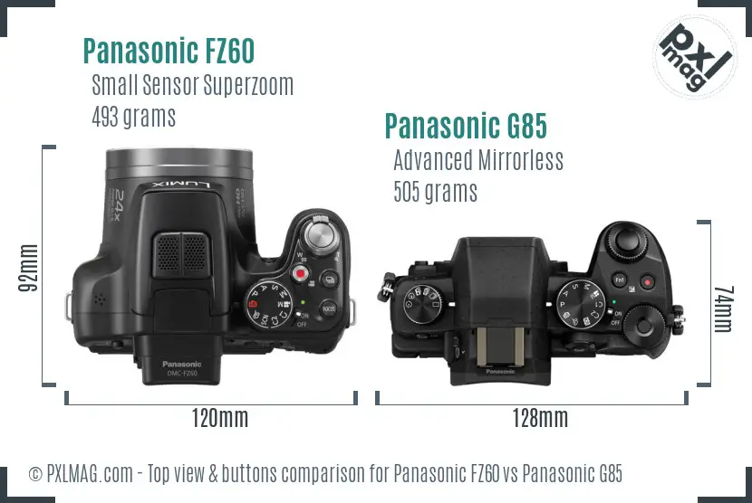 Panasonic FZ60 vs Panasonic G85 top view buttons comparison