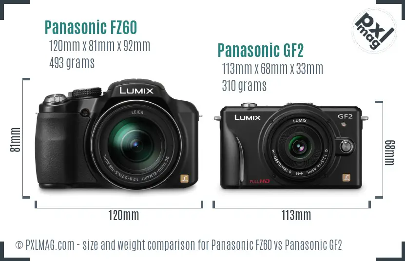 Panasonic FZ60 vs Panasonic GF2 size comparison