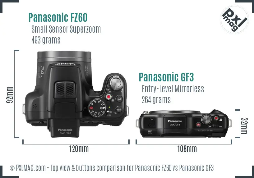 Panasonic FZ60 vs Panasonic GF3 top view buttons comparison