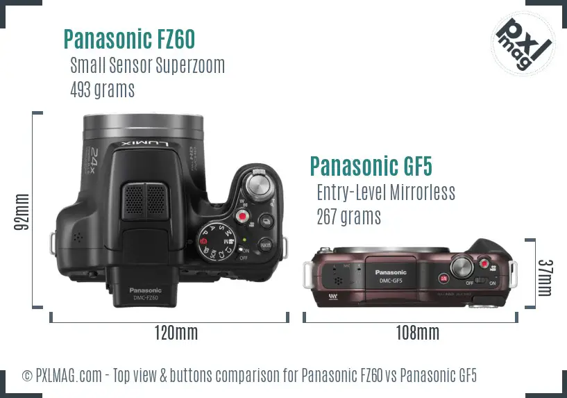 Panasonic FZ60 vs Panasonic GF5 top view buttons comparison