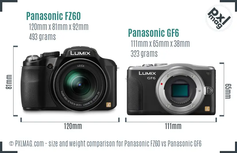Panasonic FZ60 vs Panasonic GF6 size comparison