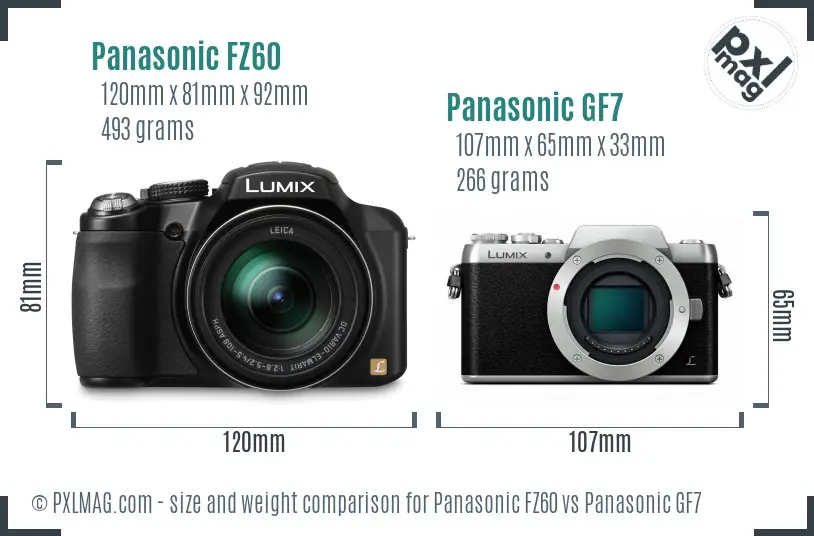 Panasonic FZ60 vs Panasonic GF7 size comparison