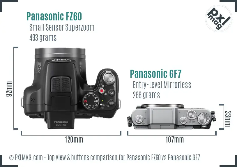 Panasonic FZ60 vs Panasonic GF7 top view buttons comparison