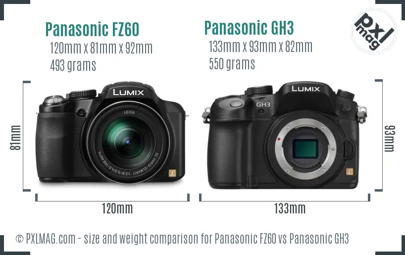 Panasonic FZ60 vs Panasonic GH3 size comparison