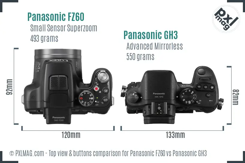 Panasonic FZ60 vs Panasonic GH3 top view buttons comparison