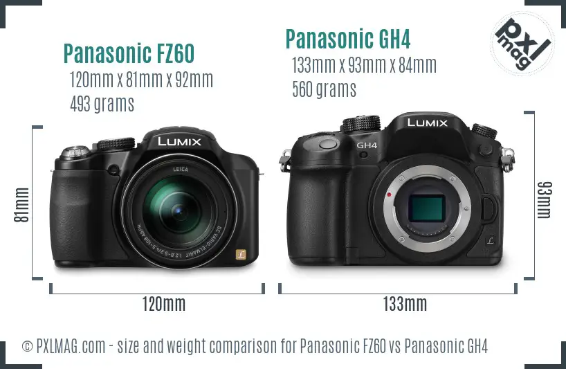 Panasonic FZ60 vs Panasonic GH4 size comparison