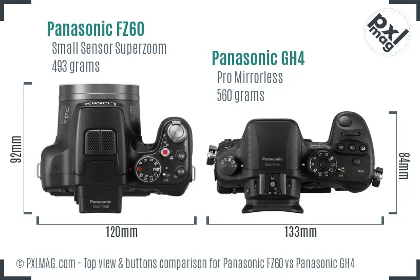 Panasonic FZ60 vs Panasonic GH4 top view buttons comparison