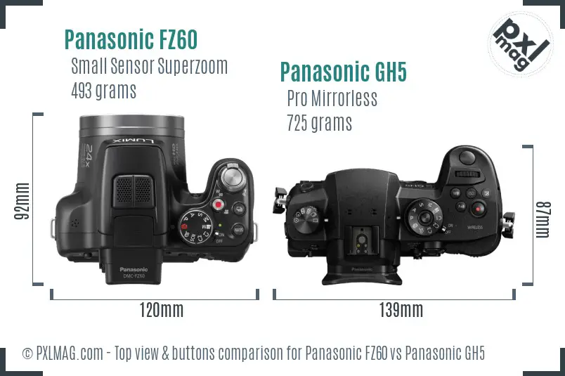 Panasonic FZ60 vs Panasonic GH5 top view buttons comparison