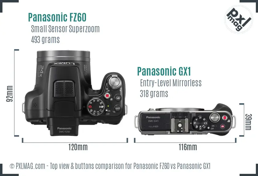 Panasonic FZ60 vs Panasonic GX1 top view buttons comparison
