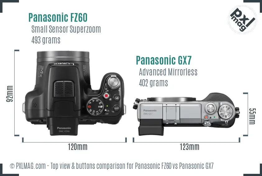 Panasonic FZ60 vs Panasonic GX7 top view buttons comparison