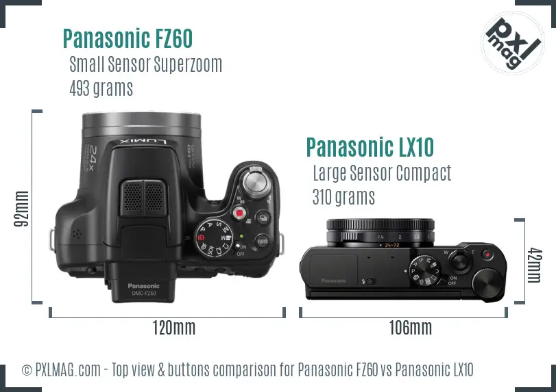 Panasonic FZ60 vs Panasonic LX10 top view buttons comparison