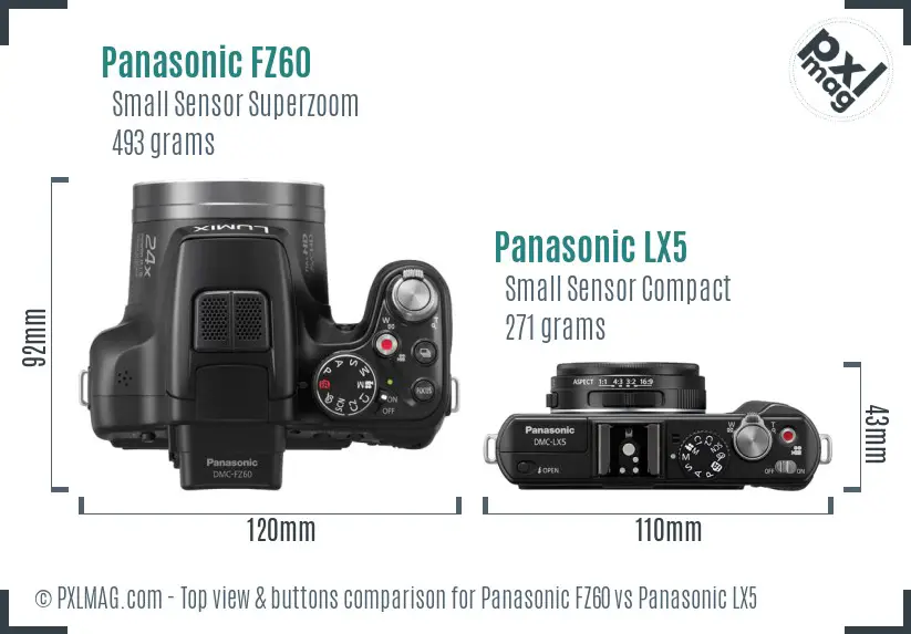 Panasonic FZ60 vs Panasonic LX5 top view buttons comparison