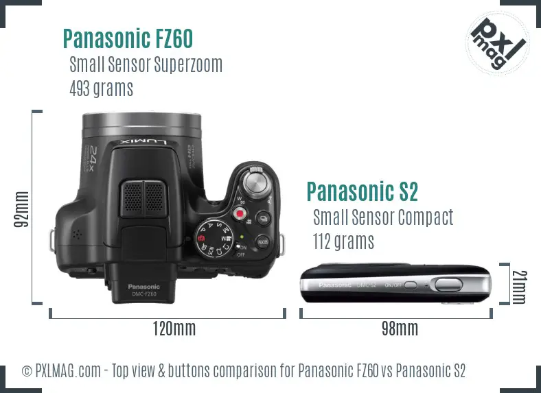 Panasonic FZ60 vs Panasonic S2 top view buttons comparison